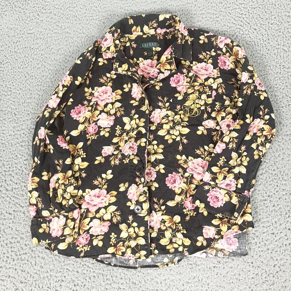 Lauren Ralph Lauren Shirt Womens Large Black Floral Cotton Button Up Embroidered